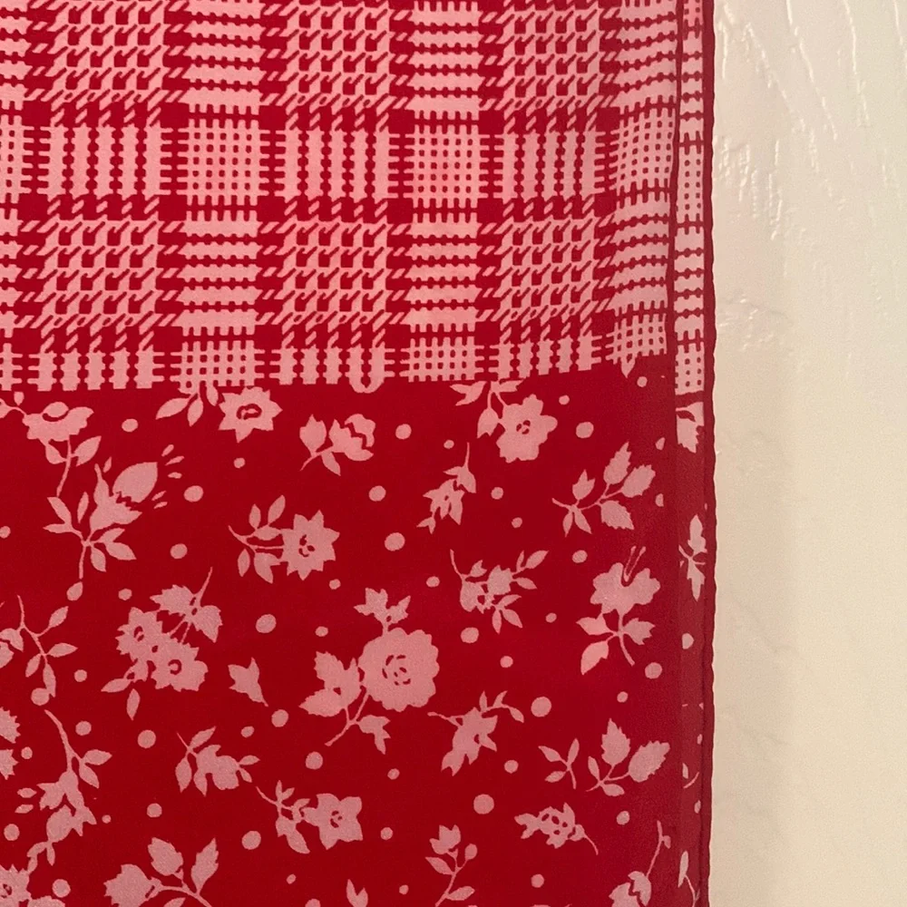 Bill Blass. Red & white dual print plaid floral rectangular scarf. Pop of color